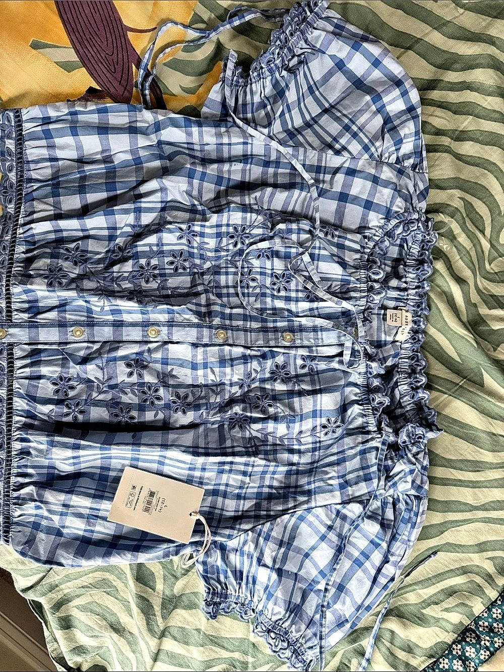 Torrid Plaid Embroidered Blouse in Blue & White Size L NWT
